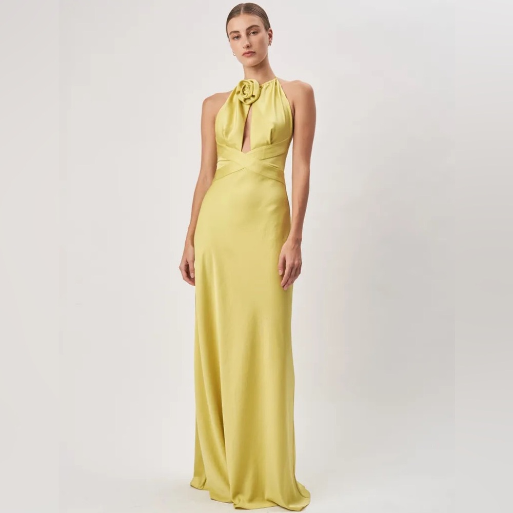 Ronny Kobo Collection Lemon Yellow Halter Maxi Dress with Rosette